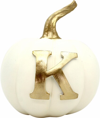 Holiday Home Thanksgiving Letter K Monogram Pumpkin - White/Gold Perspective: front
