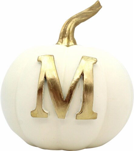 Holiday Home Thanksgiving Letter M Monogram Pumpkin - White/Gold Perspective: front