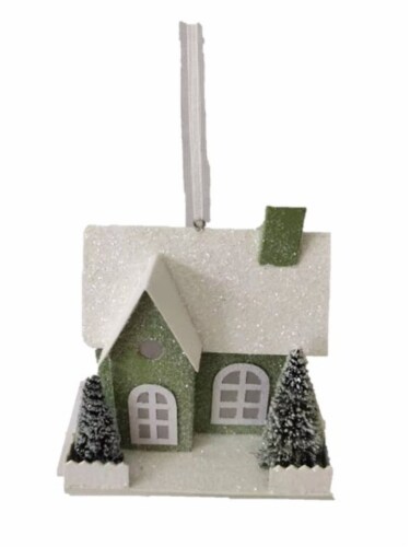 Holiday Home Lighted Paper House Ornament - Green/White Perspective: front
