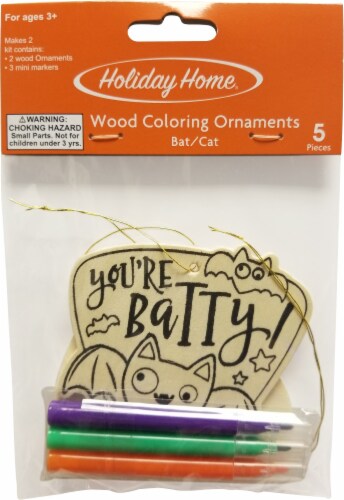 Holiday Home® Halloween Bat Cat Wood Coloring Ornaments Perspective: front