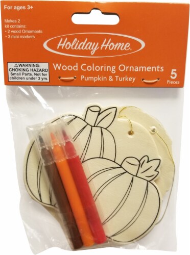 Holiday Home® Thanksgiving Pumpkin & Turkey Wood Coloring Ornaments Perspective: front