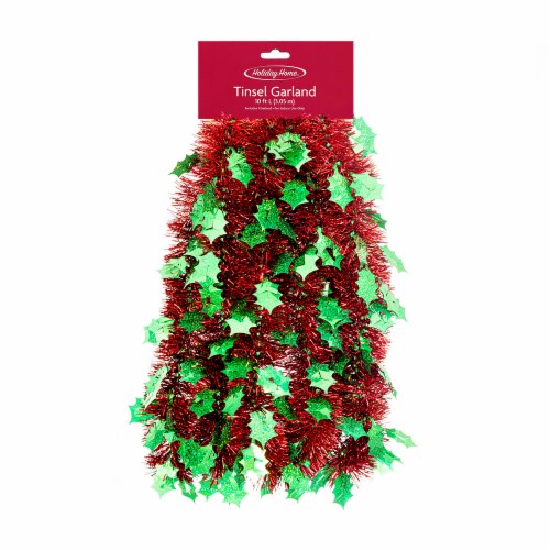 Holiday Home Green Holly Leaves and Red Tinsel Garland Perspective: front