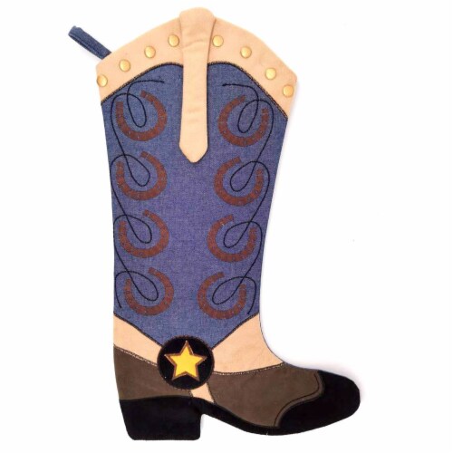 Holiday Home Cowboy Boot Stocking - Blue/Tan Perspective: front