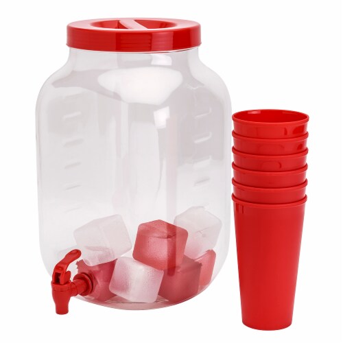 HD Designs Outdoors Acrylic Beverage Dispenser with Cups & Ice - Red Perspective: front