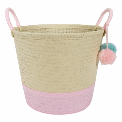 HD Designs Large Tan & Pink Rope Basket with Pom Poms Perspective: front