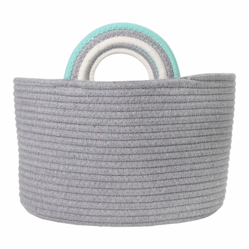 HD Designs Large Gray Rope Basket with Teal & White Rainbow Handles Perspective: front