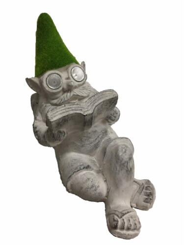 The Joy of Gardening Mossy Reading Gnome Statue Perspective: front
