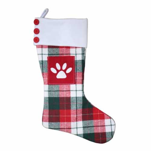 Holiday Home Christmas Stocking Monogram Paw Print - Plaid Perspective: front