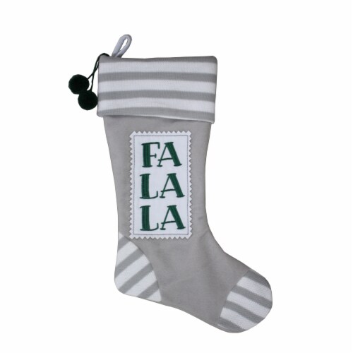 Holiday Home Fa La La Christmas Stocking with Striped Cuff - Grey Perspective: front