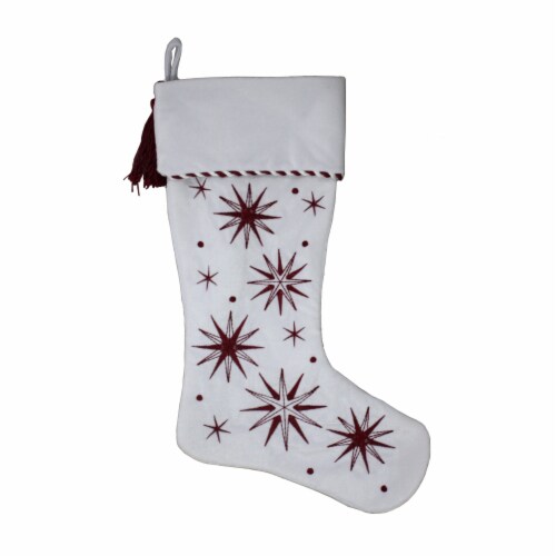 Holiday Home Red Snowflake Christmas Stocking - White Perspective: front