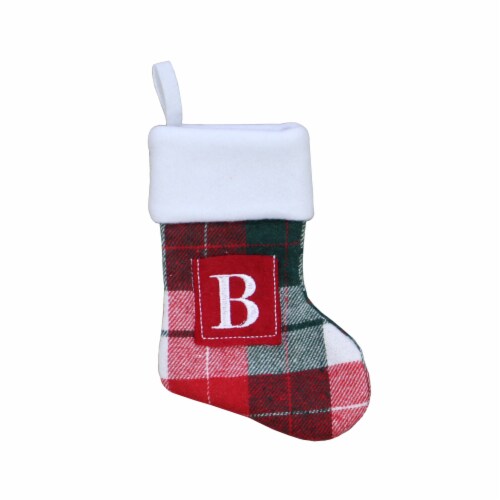Holiday Home™ Mini Red & Green Plaid Monogram Christmas Stocking - B Perspective: front