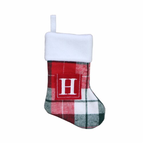 Holiday Home™ Mini Red & Green Plaid Monogram Christmas Stocking - H Perspective: front