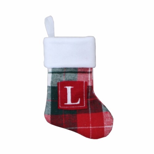 Holiday Home™ Mini Red & Green Plaid Monogram Christmas Stocking - L Perspective: front