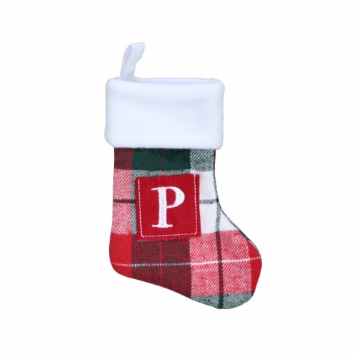 Holiday Home™ Mini Red & Green Plaid Monogram Christmas Stocking - P Perspective: front