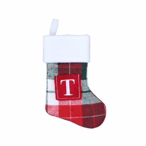 Holiday Home™ Mini Red & Green Plaid Monogram Christmas Stocking - T Perspective: front