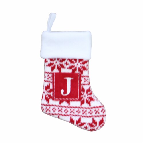 Holiday Home Fair Isle Monogram J Mini Christmas Stocking - Red Perspective: front