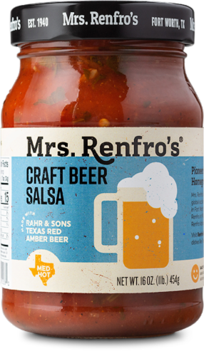 Mrs. Renfro's® Medium Hot Texas Red Amber Ale Craft Beer Salsa Perspective: front