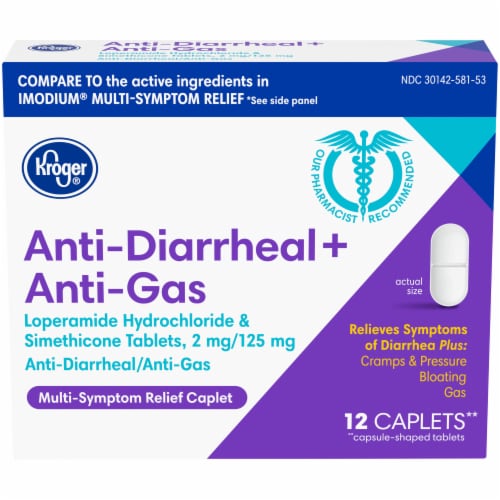 Kroger® Anti-Diarrheal + Anti-Gas Multi-Symptom Relief Caplets Perspective: front
