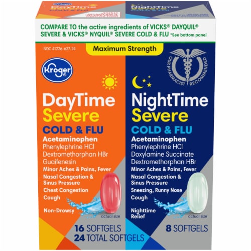 Kroger® DayTime & NightTime Maximum Strength Cold & Flu Relief Medicine Softgels Perspective: front