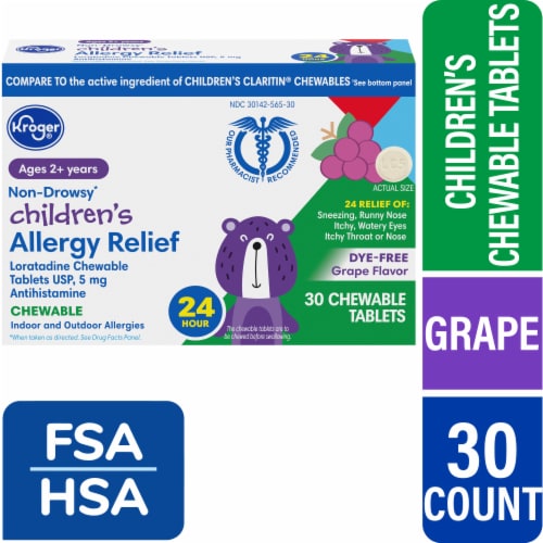 Kroger® Children's Loratadine Non-Drowsy 24 Hour Allergy Relief Grape Flavor Chewable Tablets Perspective: front
