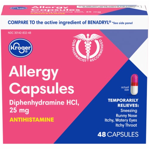 Kroger® Diphenhydramine HCl Allergy Antihistamine Capsules 25mg Perspective: front