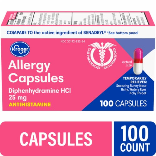 Kroger® Diphenhydramine HCl Allergy Antihistamine Capsules 25mg Perspective: front