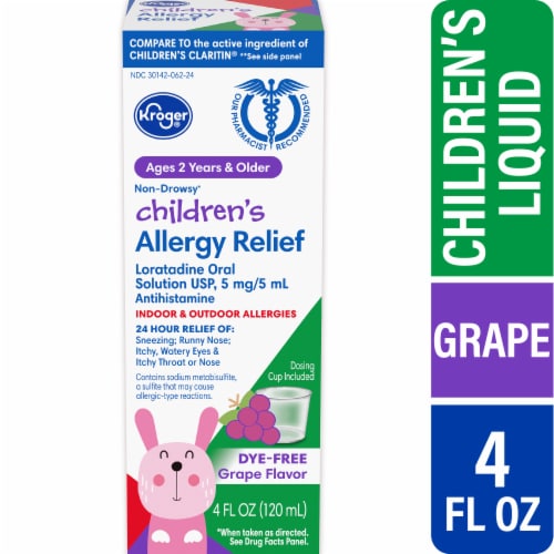 Kroger® Children's Loratadine 24 Hour Non-Drowsy Indoor & Outdoor Allergy Relief Grape Flavor Liquid Perspective: front