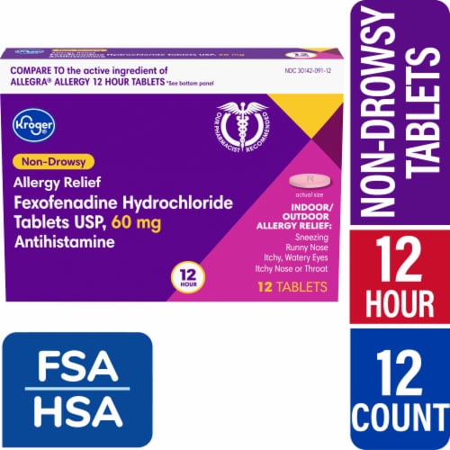 Kroger® Fexofenadine HCl 24 Hour Non-Drowsy Indoor & Outdoor Allergy Relief Tablets 60mg Perspective: front