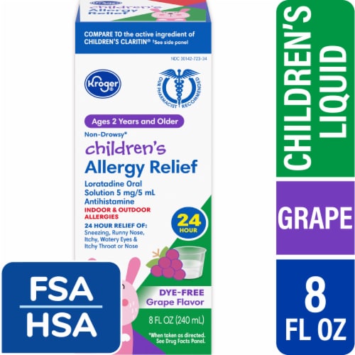 Kroger® Children's Loratadine 24 Hour Allergy Relief Dye-Free Sugar-Free Grape Flavor Liquid Perspective: front