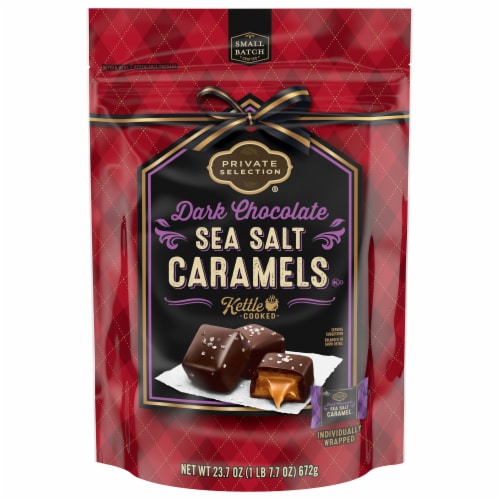 Private Selection® Dark Chocolate Sea Salt Caramels Holiday Candy Bag Perspective: front