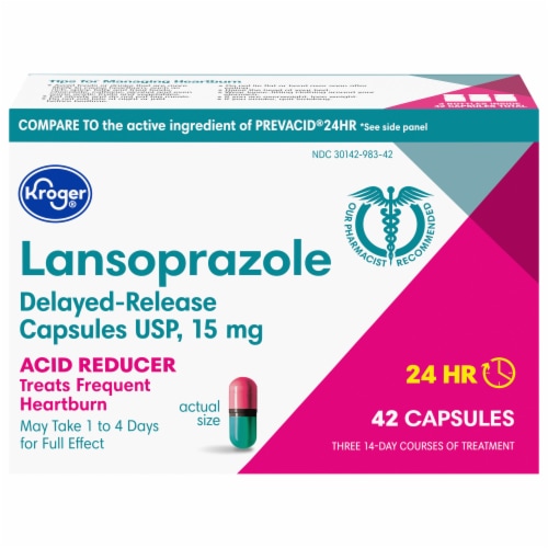 Kroger® 24 Hour Delayed-Release Lansoprazole Acid Reducer Capsules Perspective: front