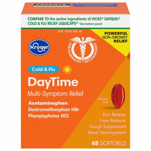 Kroger® Multi-Symptom Cold and Flu DayTime Cold Medicine Softgels Perspective: front