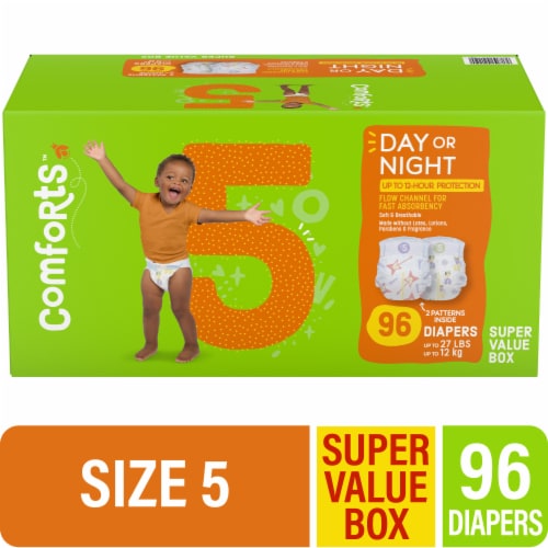 Comforts™ Day or Night Baby Diapers Size 5 (27+ lbs) Super Value Box Perspective: front