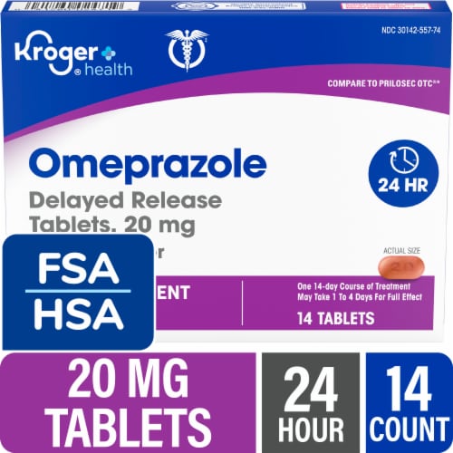 Kroger® 24 Hour Delayed Release Heartburn Acid Reducer Omeprazole Tablets 20mg Perspective: front