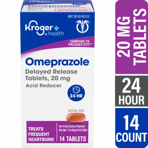 Kroger® 24 Hour Delayed Release Heartburn Acid Reducer Omeprazole Tablets 20mg Perspective: front
