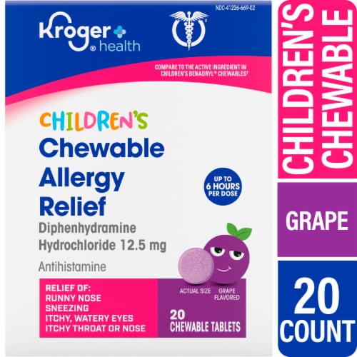 Kroger® Children's Allergy Relief Chewable Tablets Diphenhydramine HCl 12.5mg Grape Flavored Perspective: front