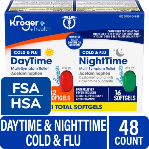 Kroger® Multi-Symptom Cold and Flu DayTime and NightTime Cold Medicine Softgels Perspective: front