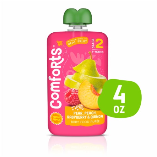 Comforts™ Pear Peach Raspberry & Quinoa Stage 2 Baby Food Puree Pouch Perspective: front