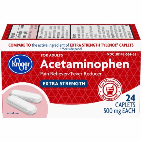 Kroger® Extra Strength Acetaminophen Pain Reliever & Fever Reducer Caplets 500mg Perspective: front