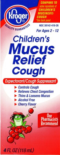 Kroger® Cherry Flavored Children's Mucus Relief Liquid Cough Suppressant Perspective: front