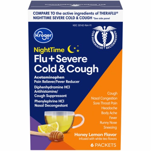 Kroger® NiteTime Honey Lemon Flavor Flu + Severe Cold & Cough Packets Perspective: front