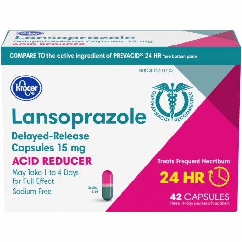 Kroger® Lansoprazole 24 Hour Acid Reducer Delayed Release Capsules 15mg Perspective: front
