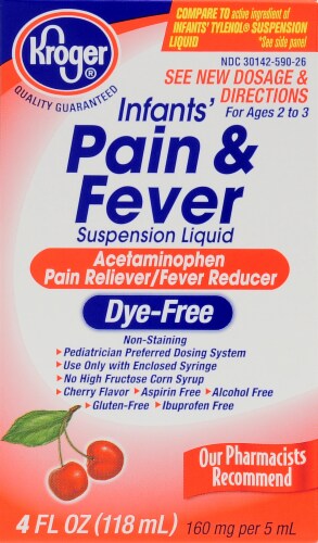 Kroger® Infants' Pain and Fever Dye-Free Cherry Suspension Liquid Perspective: front