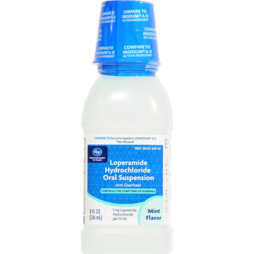 Kroger® Loperamide Hydrochloride Oral Suspension Anti-Diarrheal Mint Flavor Medication Perspective: front