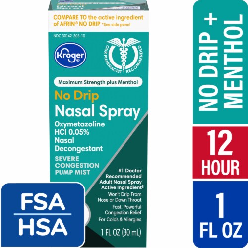 Kroger® Nasal Decongestant No Drip Menthol Nasal Spray Oxymetazoline HCl Perspective: front