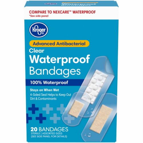 Kroger® Advanced Antibacterial Waterproof Bandages Assorted Sizes 20 ct Box Perspective: front