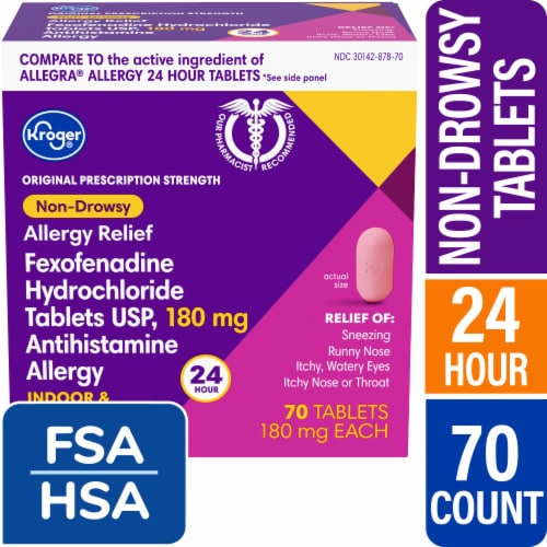 Kroger® Fexofenadine HCl 24 Hour Non-Drowsy Indoor & Outdoor Allergy Relief Tablets 180mg Perspective: front