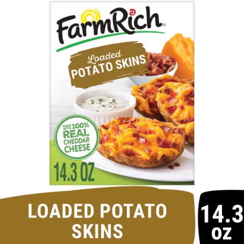 Farm Rich Hand Stuffed Cheddar Cheese and Bacon Loaded Potato Skins Perspective: front