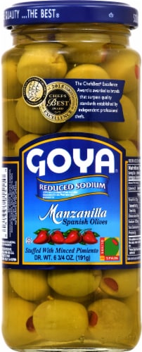 Goya Reduced Sodium Manzanilla Spanish Stuffed Olives Perspective: front