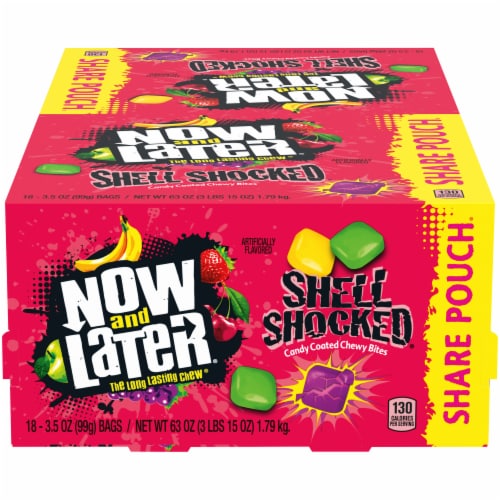 Now & Later Shell Shocked Candy Coated Chewy Bites Share Pouches Perspective: front